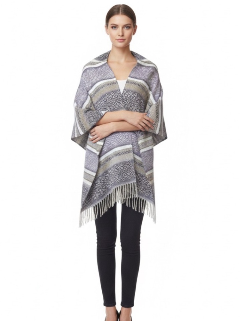 Anthropologie Do Everything In Love Knit Poncho Cape Lavender Fringed Aztec OS